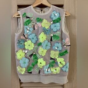 Diane Von Furstenberg Floral Zipper Gray Stones Viscose Blouse Size 2